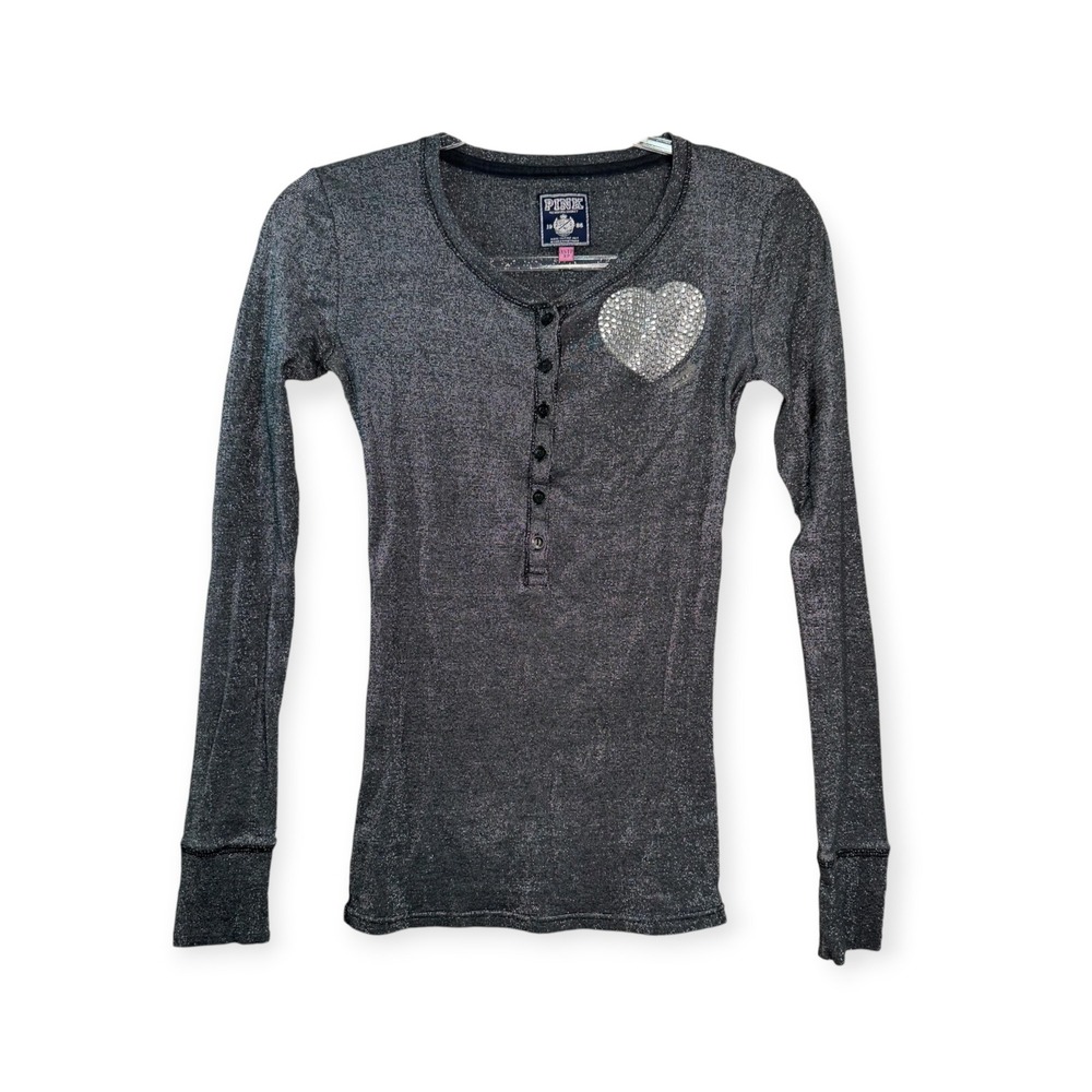 Victoria's Secret PINK Henley Top XS Gray Metallic Shimmer Rhinestone Heart Y2K